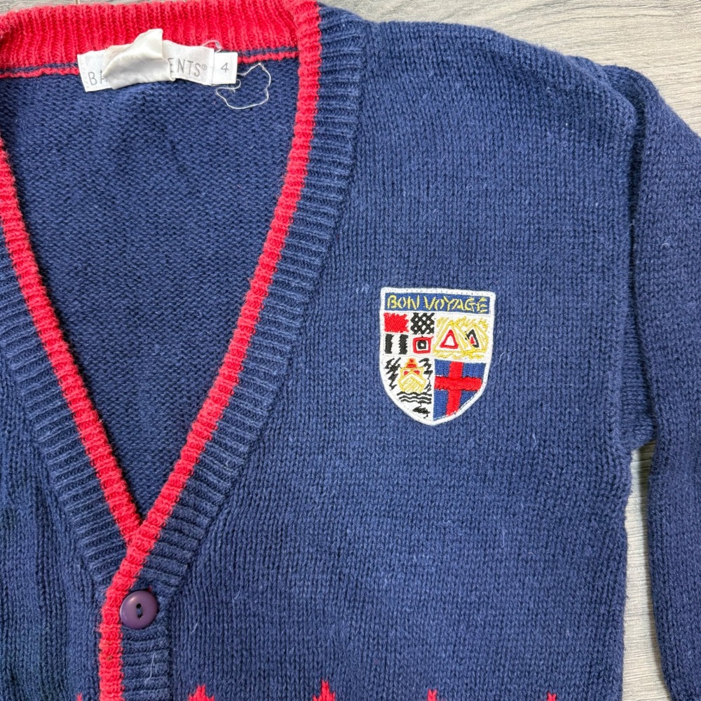Vintage Kids Navy Argyle Knit Cardigan Red Trim Bon Voyage Crest Patch Size 4 - Picture 2 of 14